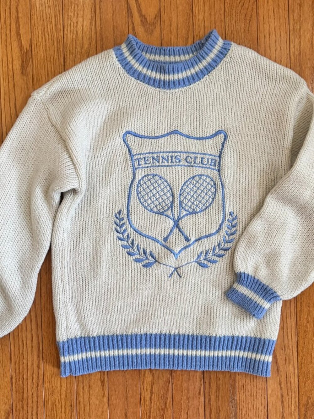 Tennis Club Embroidered Sweater Ivory Blue Preppy Campus Style